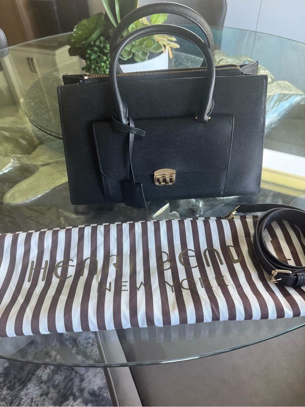 henri bendel Black Leather Top-Handle Satchel with Gold Hardware